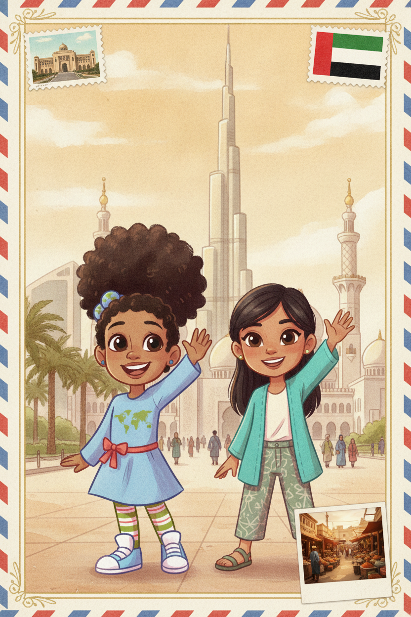 Alexandria and her friend Dabya on the cover of the Abu Dhabi book
