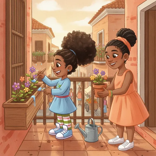In the story, Alexandria paints Abuela’s wooden flower box while Sofía holds a pot of flowers.