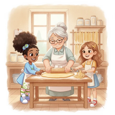 In the book, Nonna helps Alexandria roll dough while Giulia lifts pasta ribbons.