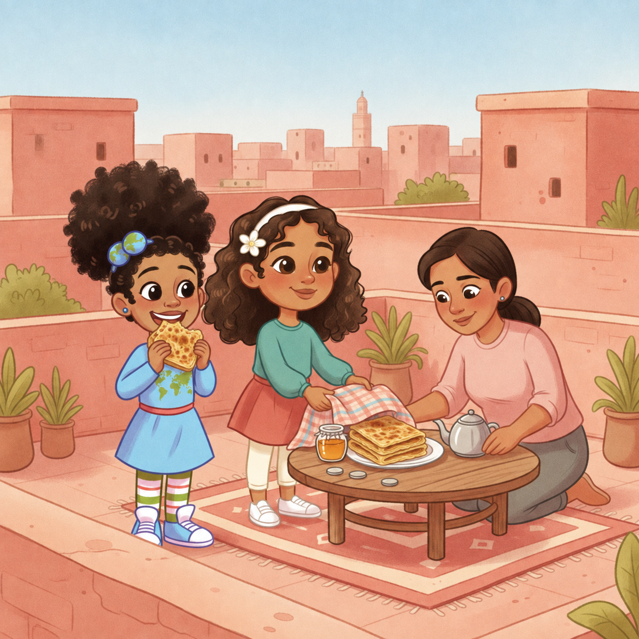 On a Marrakech roof terrace, Yasmine covers a stack of square msemen with a cloth while Alexandria tastes one.