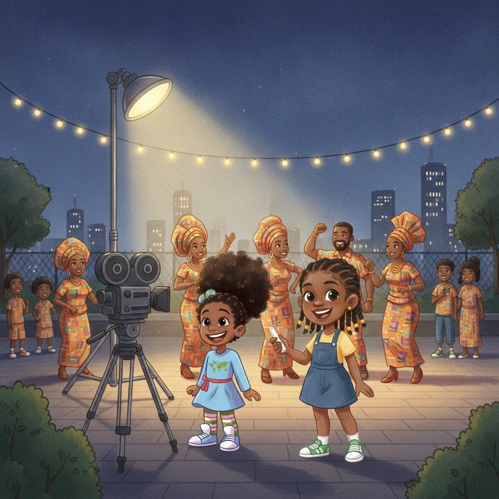 On the illustrated Freedom Park movie set, Alexandria and Adaeze stand near the camera. Actors behind them smile, dance and wave.