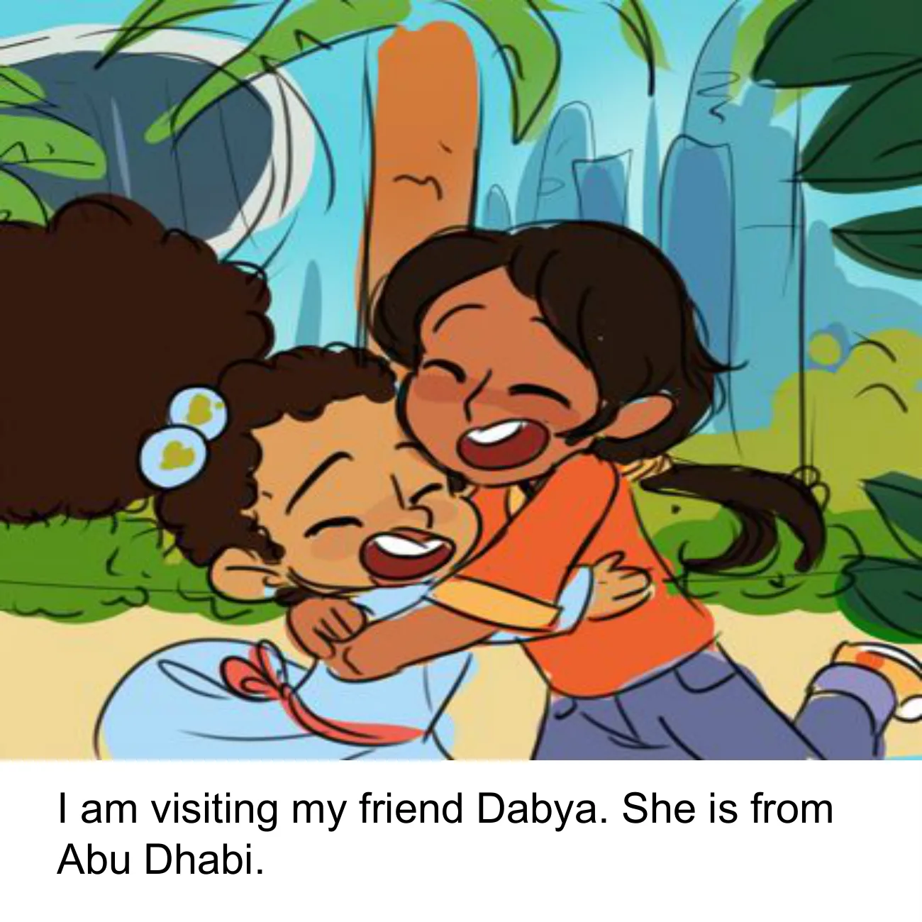Alexandria hugging her friend Dabya in Abu Dhabi.