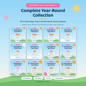 Emergency Sub Plans, complete K to 5 collection, twelve full days.